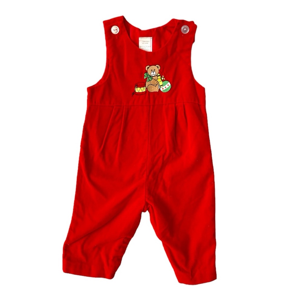 VINTAGE Romper Jumper Overalls Pants Velour Red Teddy Bear Baby 3 6 Months